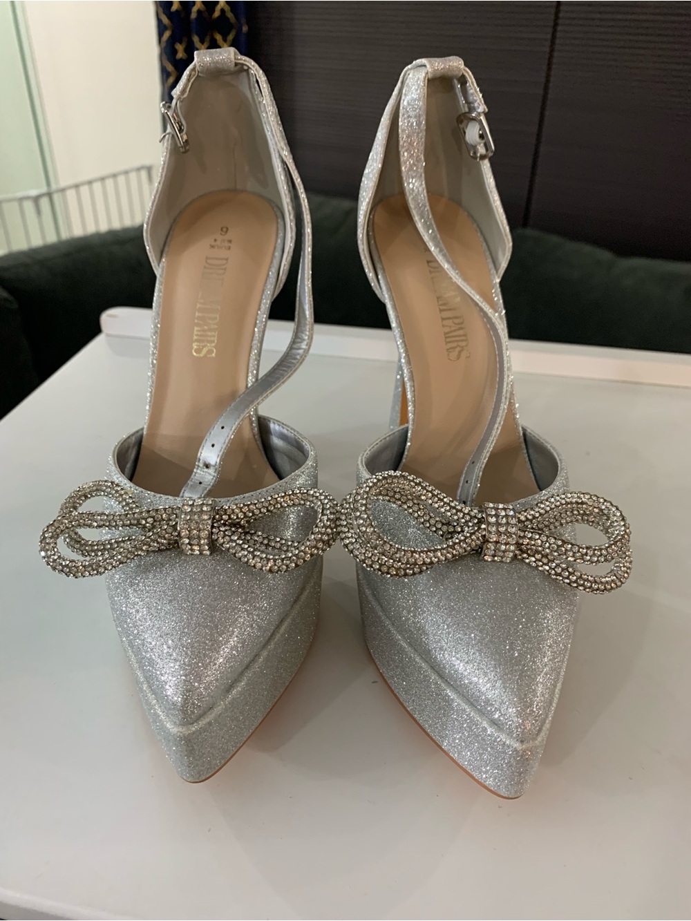 Silver Glitter Pointed-Toe Bow Ankle-Strap Heels
